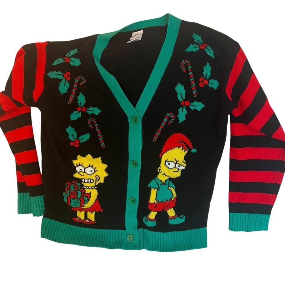 The Simpsons Vintage Ugly Christmas Sweater Cardigan Bart Lisa Elf Medium M